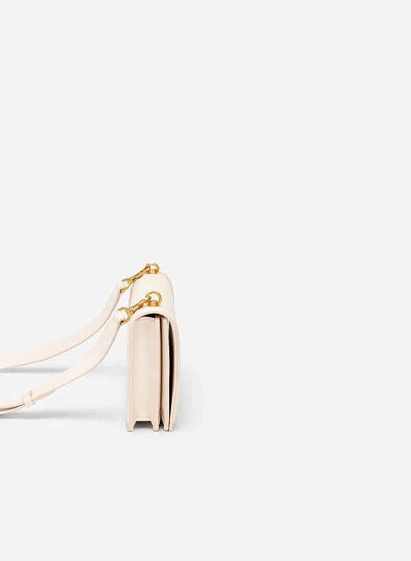 Lizard-effect Flap Crossbody Bag - MES 0209 - Cream - VASCARA