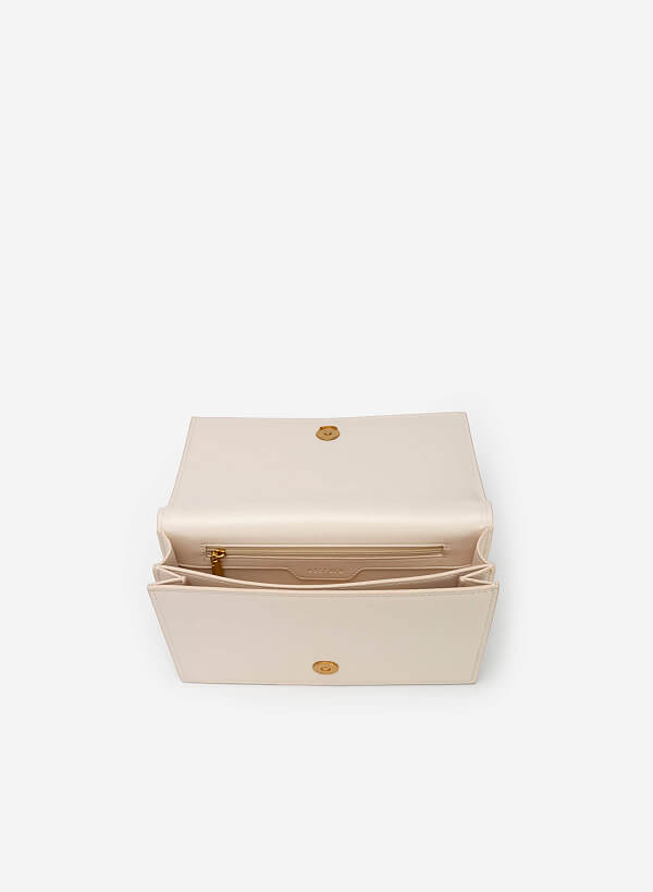Lizard-effect Flap Crossbody Bag - MES 0209 - Cream - VASCARA