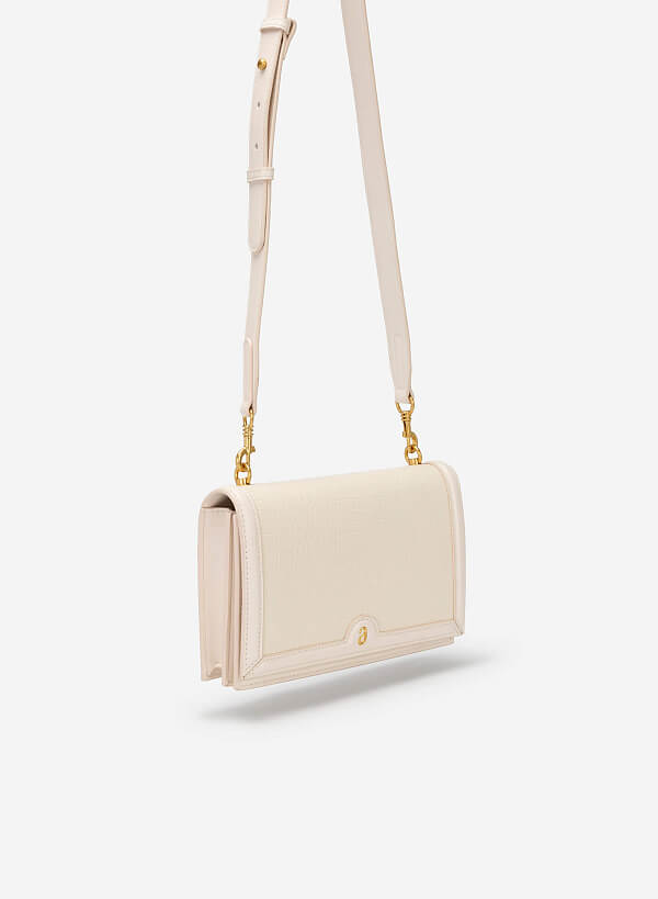 Lizard-effect Flap Crossbody Bag - MES 0209 - Cream - VASCARA