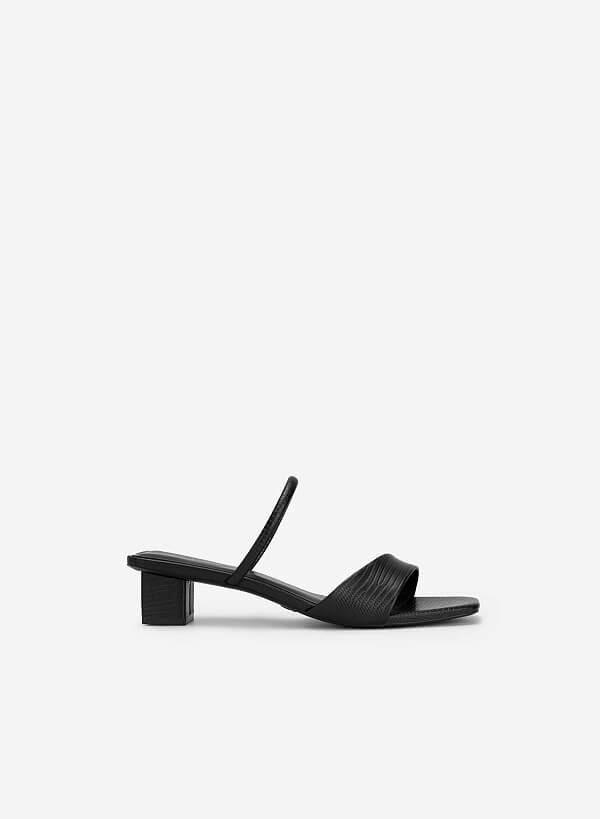 Lizard-effect Strap Block Heel Mules - MUL 0191 - Black - VASCARA