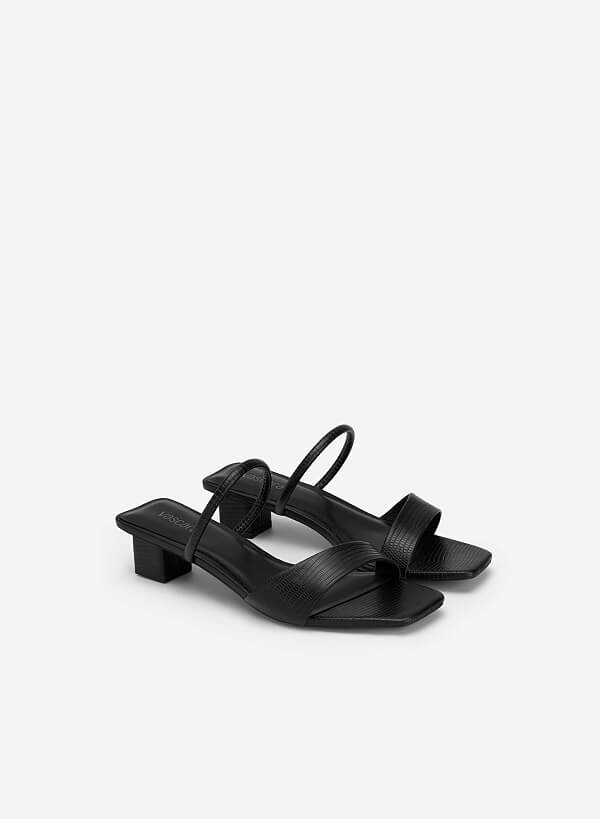 Lizard-effect Strap Block Heel Mules - MUL 0191 - Black - VASCARA