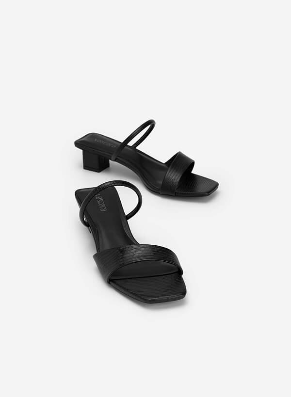 Lizard-effect Strap Block Heel Mules - MUL 0191 - Black - VASCARA