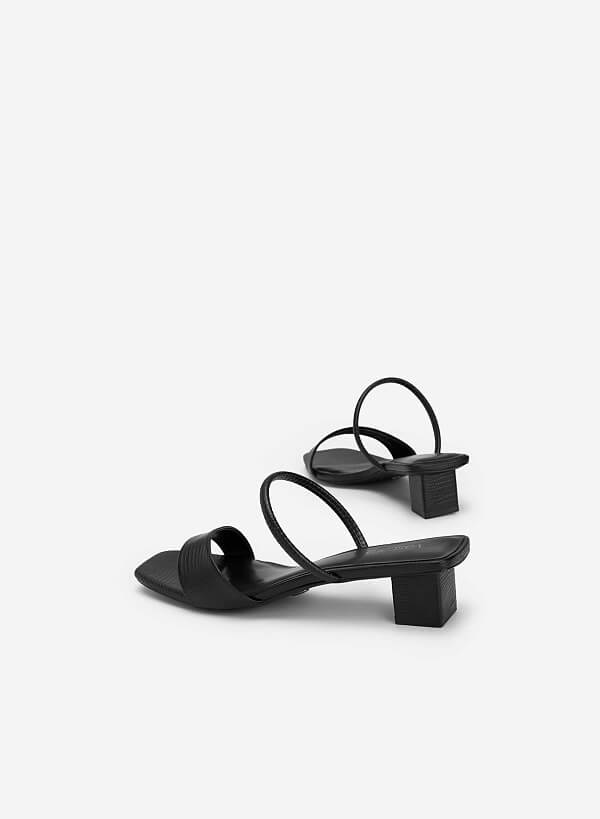 Lizard-effect Strap Block Heel Mules - MUL 0191 - Black - VASCARA