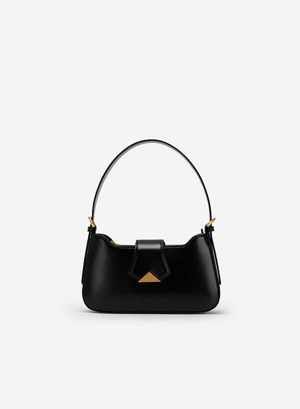 Metallic Triangular Lock Belt Strap Hobo Bag  - TTE 0110 - Black
