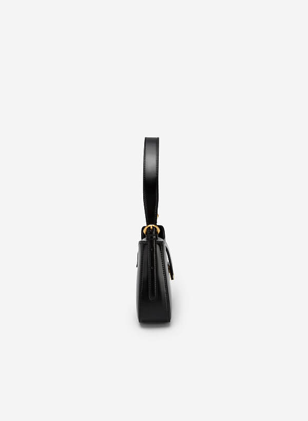 Metallic Triangular Lock Belt Strap Hobo Bag  - TTE 0110 - Black - VASCARA