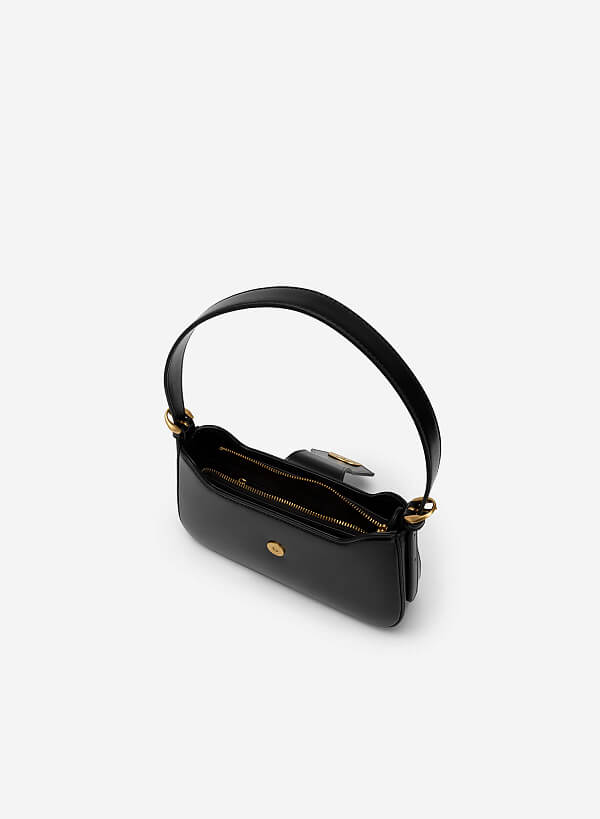 Metallic Triangular Lock Belt Strap Hobo Bag  - TTE 0110 - Black - VASCARA