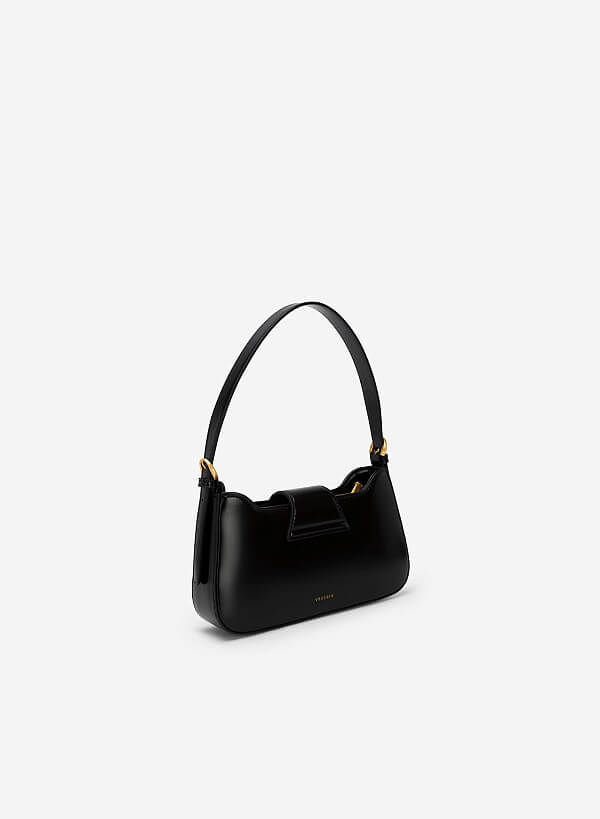 Metallic Triangular Lock Belt Strap Hobo Bag  - TTE 0110 - Black - VASCARA