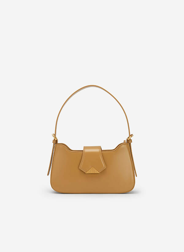 Metallic Triangular Lock Belt Strap Hobo Bag  - TTE 0110 - Dark Beige