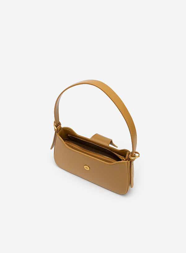 Metallic Triangular Lock Belt Strap Hobo Bag  - TTE 0110 - Dark Beige - VASCARA