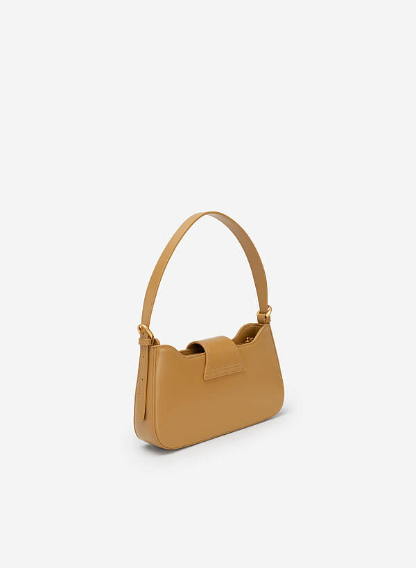 Metallic Triangular Lock Belt Strap Hobo Bag  - TTE 0110 - Dark Beige - VASCARA