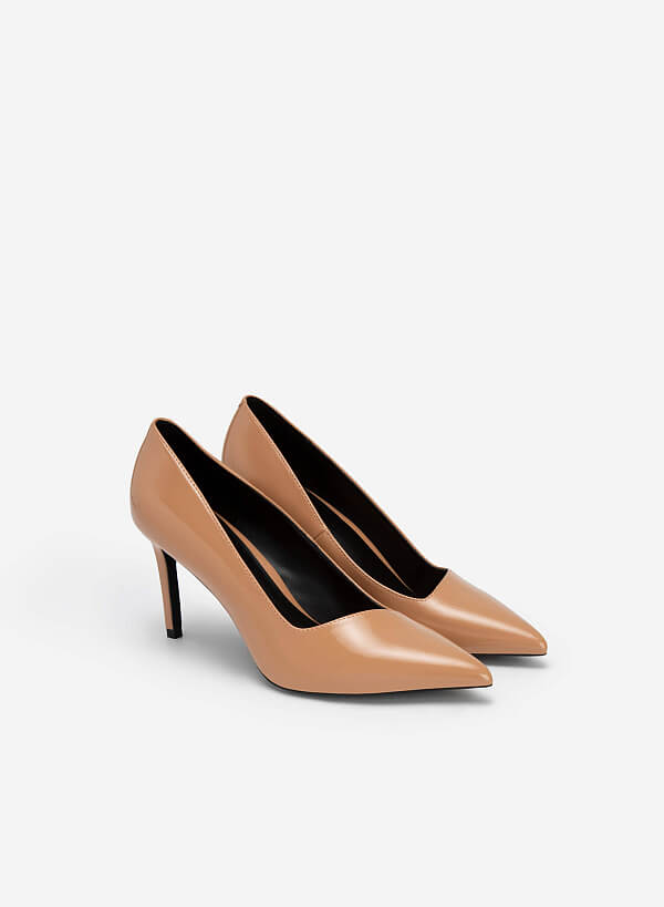 Polished Style Pointed Toe Pumps - HIG 0566 - Dark Beige - VASCARA