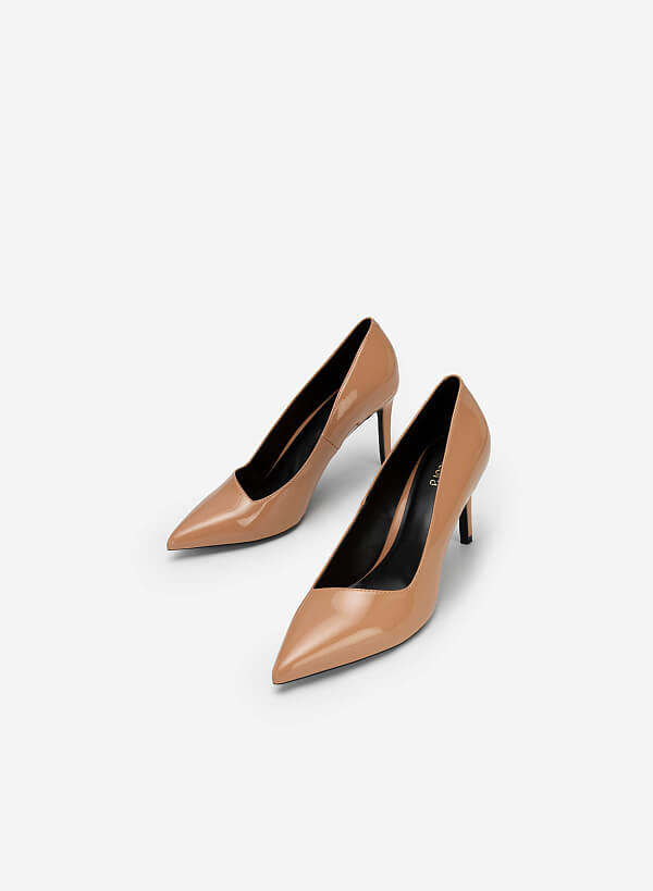 Polished Style Pointed Toe Pumps - HIG 0566 - Dark Beige - VASCARA