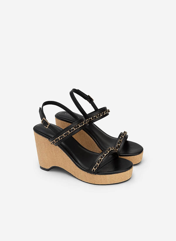 Chain Decor Front Strap Wedge Sandals - PLA 0437 - Black - VASCARA