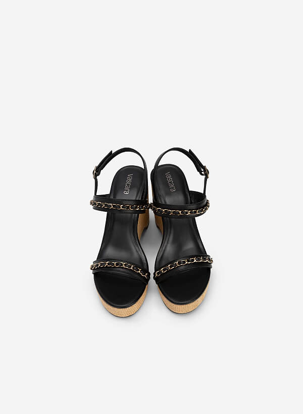 Chain Decor Front Strap Wedge Sandals - PLA 0437 - Black - VASCARA