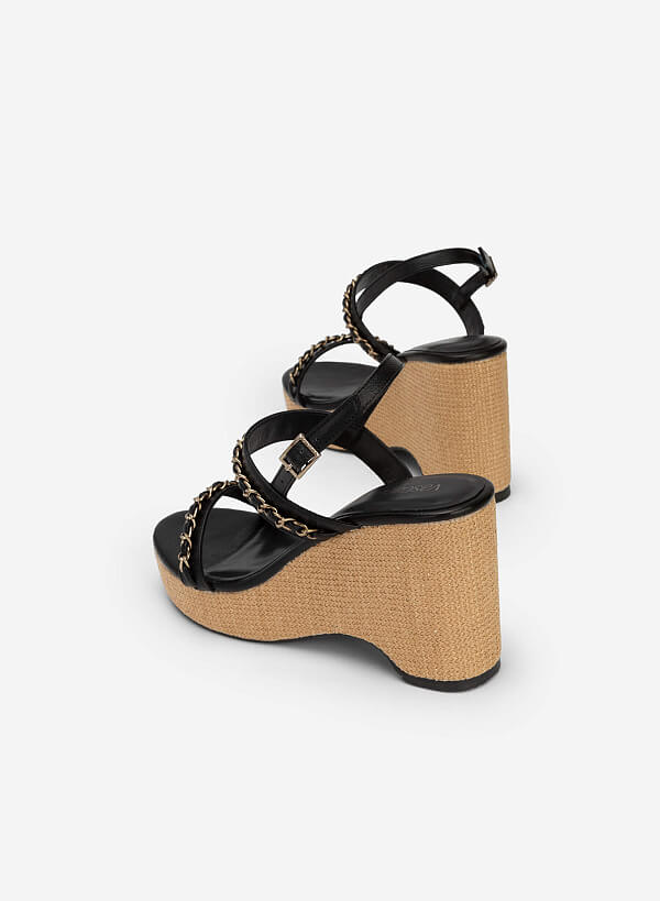 Chain Decor Front Strap Wedge Sandals - PLA 0437 - Black - VASCARA