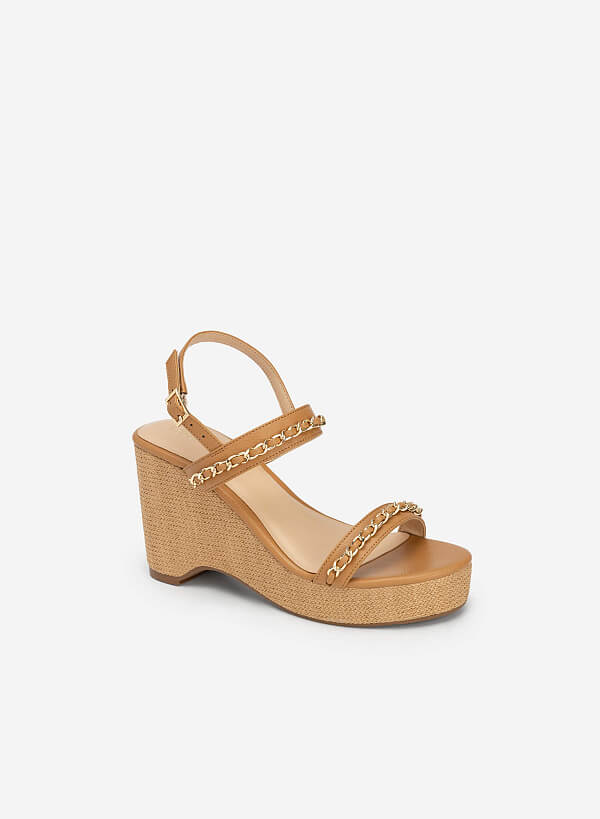 Chain Decor Front Strap Wedge Sandals - PLA 0437 - Light Brown
