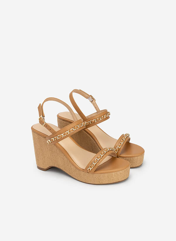 Chain Decor Front Strap Wedge Sandals - PLA 0437 - Light Brown - VASCARA