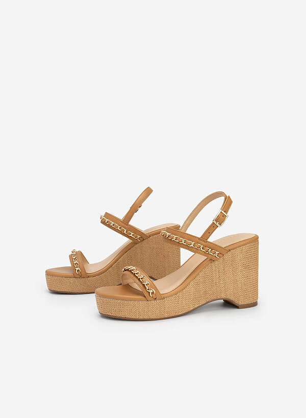 Chain Decor Front Strap Wedge Sandals - PLA 0437 - Light Brown - VASCARA