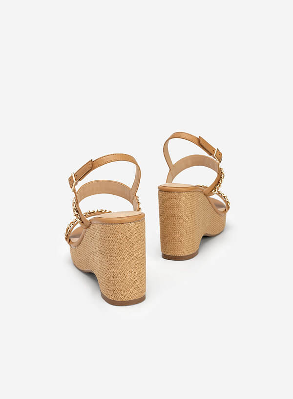 Chain Decor Front Strap Wedge Sandals - PLA 0437 - Light Brown - VASCARA