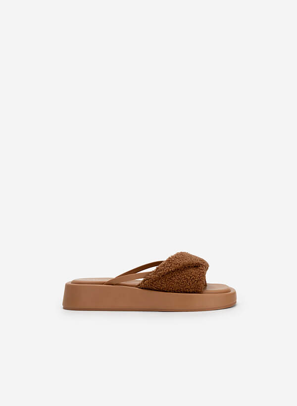 Faux Fur Strap Flip Flops - FLI 0188 - Dark Beige - VASCARA