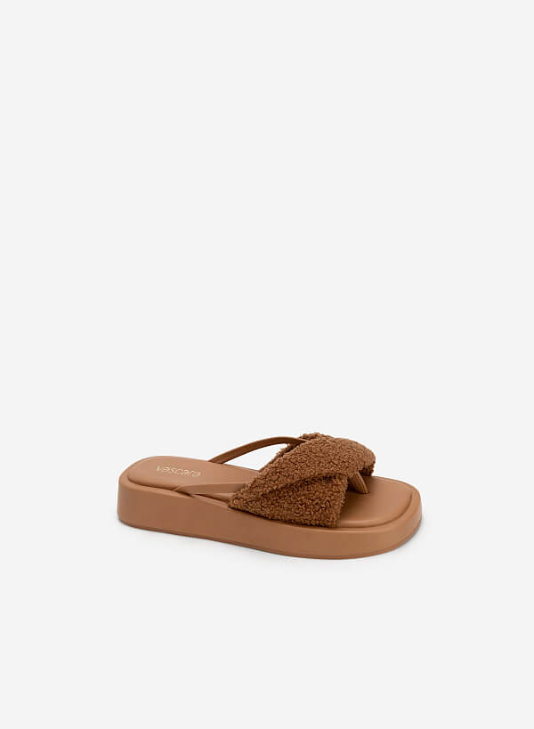 Faux Fur Strap Flip Flops - FLI 0188 - Dark Beige - VASCARA
