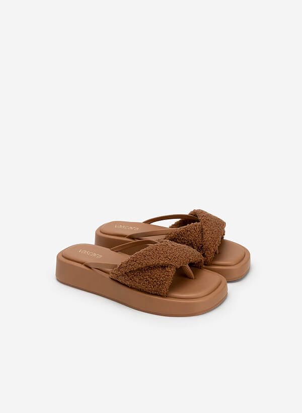 Faux Fur Strap Flip Flops - FLI 0188 - Dark Beige - VASCARA