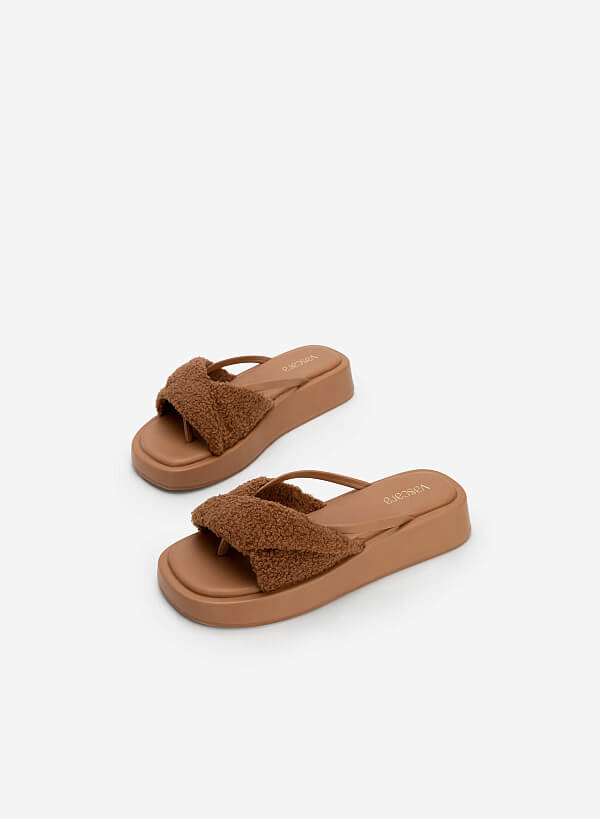 Faux Fur Strap Flip Flops - FLI 0188 - Dark Beige - VASCARA