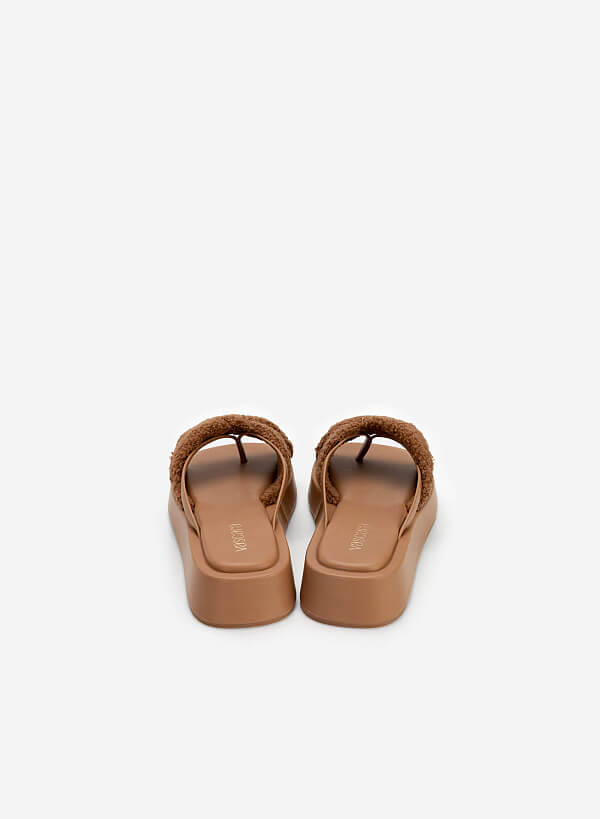 Faux Fur Strap Flip Flops - FLI 0188 - Dark Beige - VASCARA