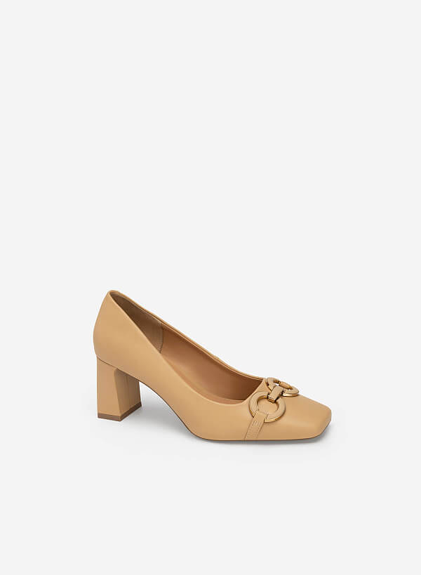 Gold Buckle Heel Square Toe Shoes - HIG 0562 - Beige - VASCARA