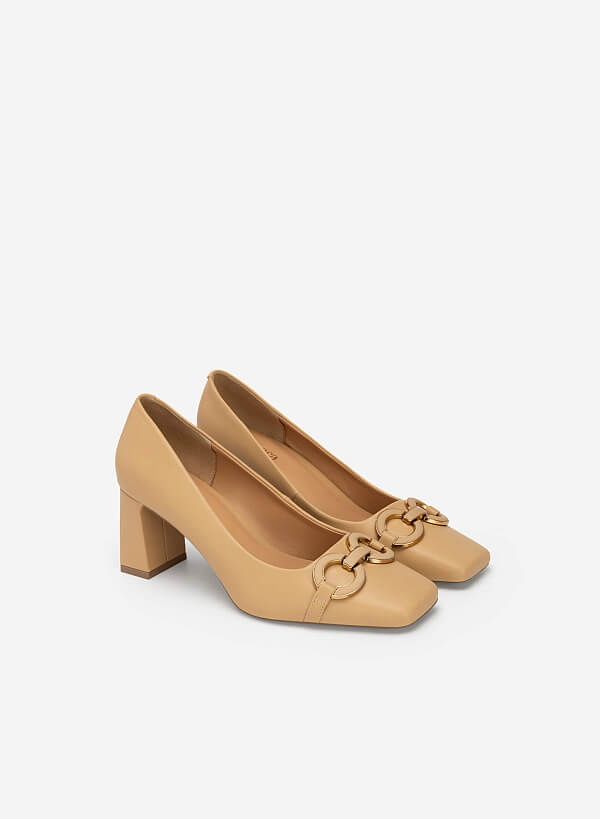 Gold Buckle Heel Square Toe Shoes - HIG 0562 - Beige - VASCARA