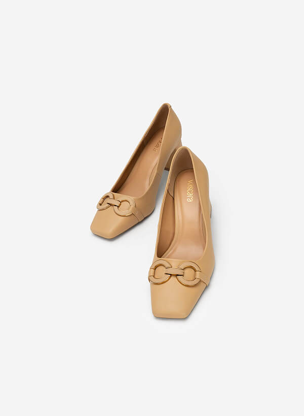 Gold Buckle Heel Square Toe Shoes - HIG 0562 - Beige - VASCARA
