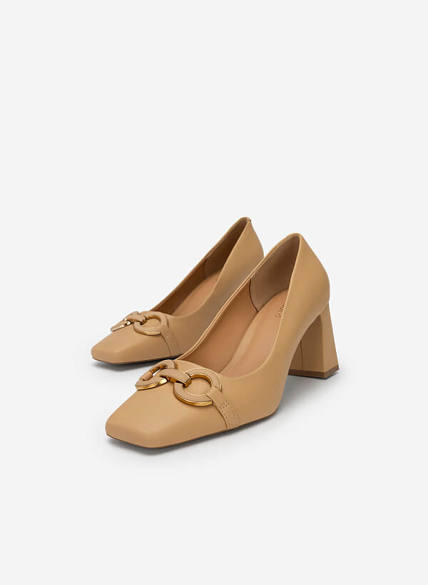 Gold Buckle Heel Square Toe Shoes - HIG 0562 - Beige - VASCARA