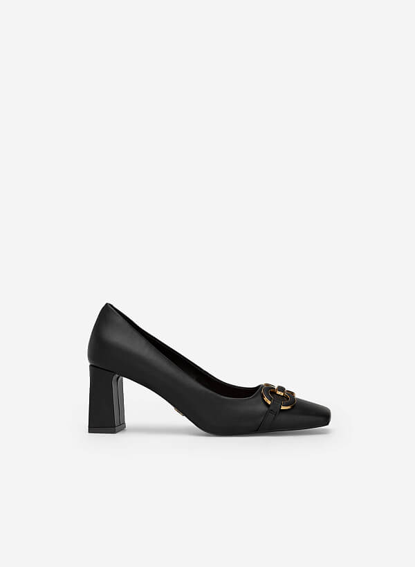 Gold Buckle Heel Square Toe Shoes - HIG 0562 - Black
