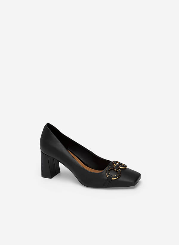 Gold Buckle Heel Square Toe Shoes - HIG 0562 - Black - VASCARA