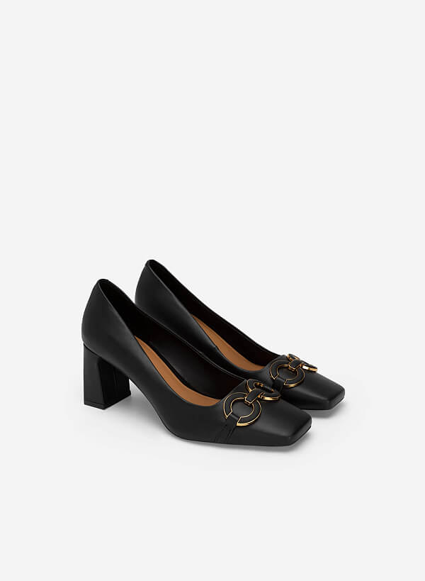 Gold Buckle Heel Square Toe Shoes - HIG 0562 - Black - VASCARA