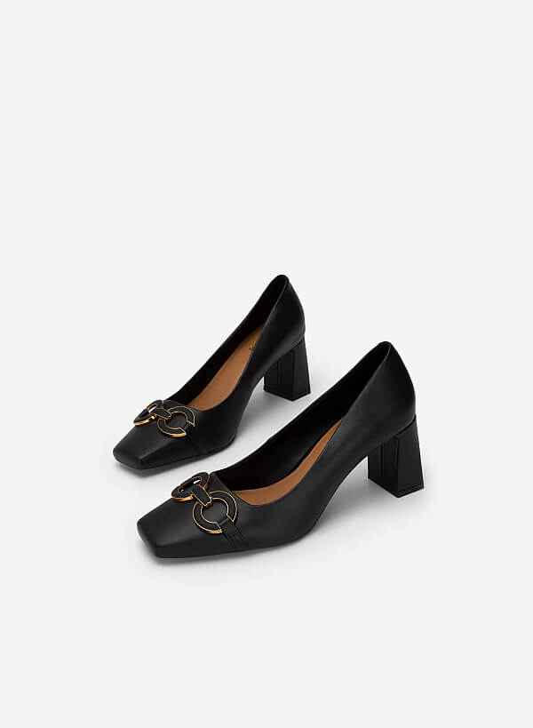 Gold Buckle Heel Square Toe Shoes - HIG 0562 - Black - VASCARA