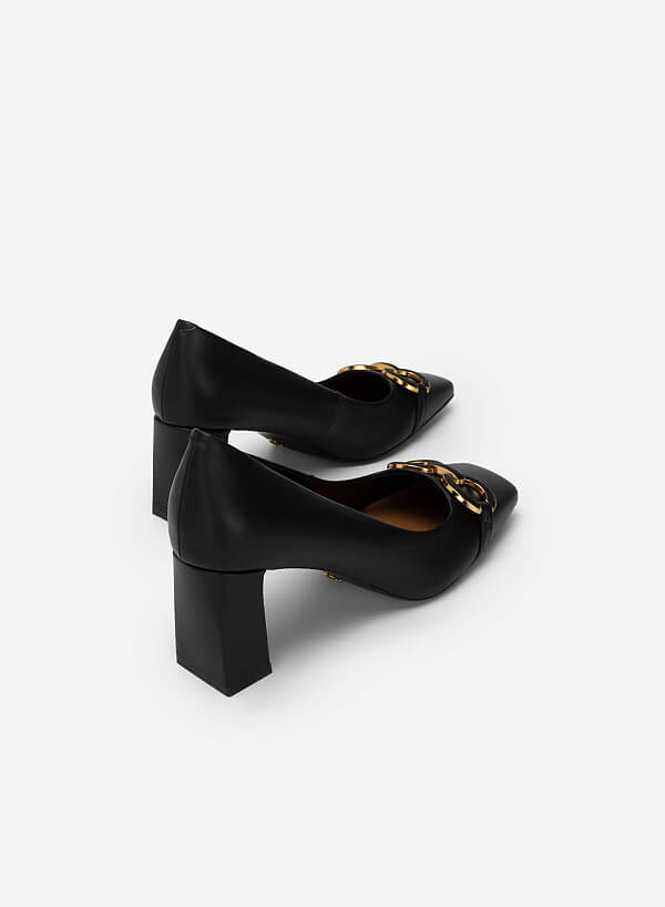 Gold Buckle Heel Square Toe Shoes - HIG 0562 - Black - VASCARA