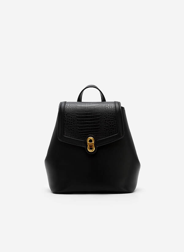 Gold Lock Lizard-Effect Flap Backpack - BAK 0176 - Black - VASCARA