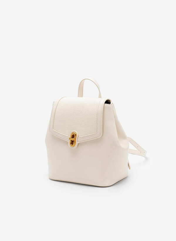 Gold Lock Lizard-Effect Flap Backpack - BAK 0176 - Cream - VASCARA