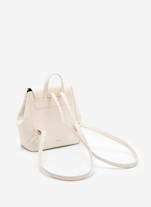 Gold Lock Lizard-Effect Flap Backpack - BAK 0176 - Cream - VASCARA