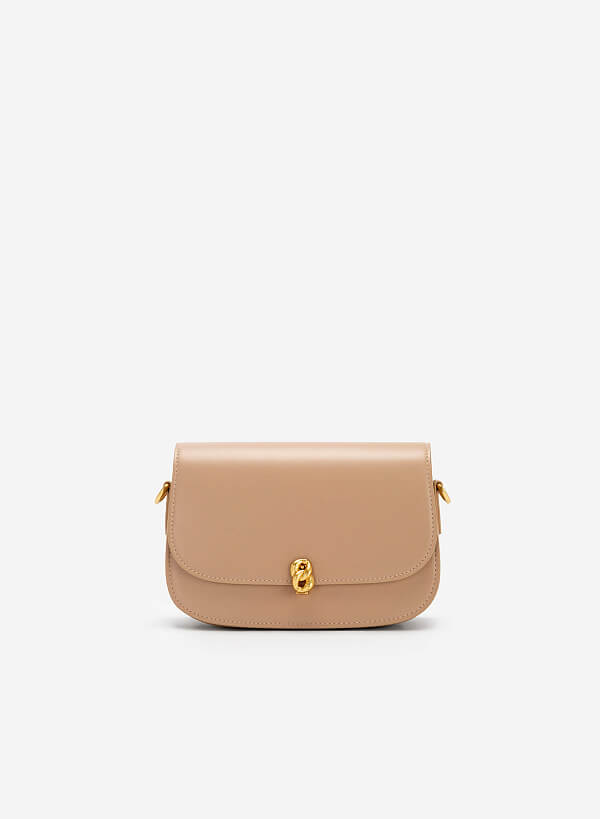 Metal Lock Décor Flap Crossbody Bag - MES 0212 - Beige - VASCARA