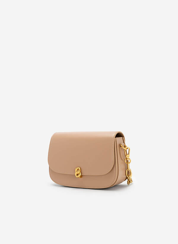 Metal Lock Décor Flap Crossbody Bag - MES 0212 - Beige - VASCARA