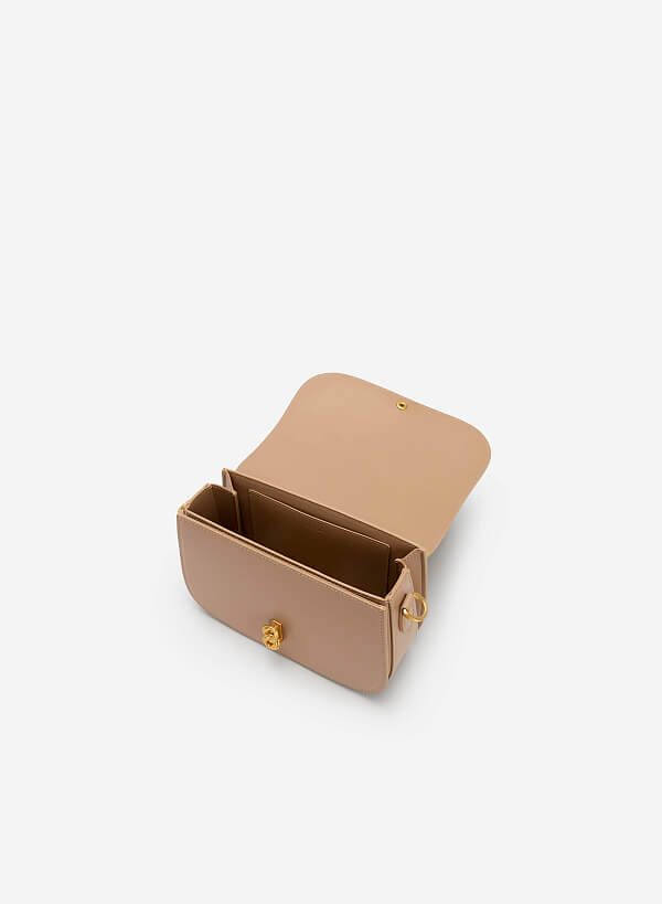 Metal Lock Décor Flap Crossbody Bag - MES 0212 - Beige - VASCARA