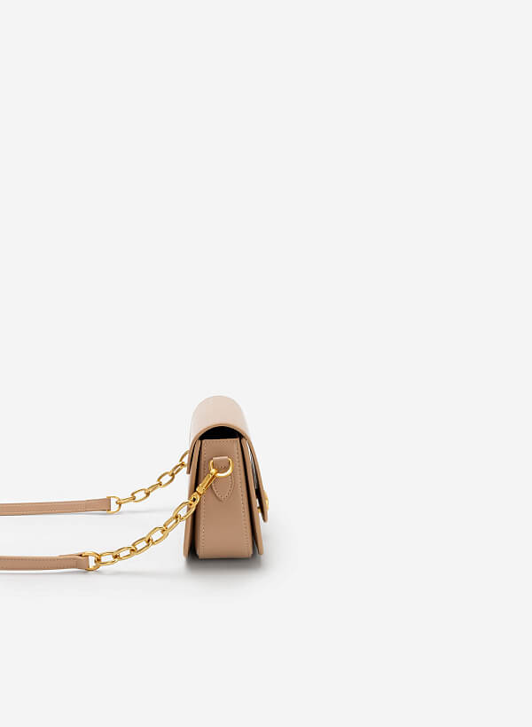 Metal Lock Décor Flap Crossbody Bag - MES 0212 - Beige - VASCARA