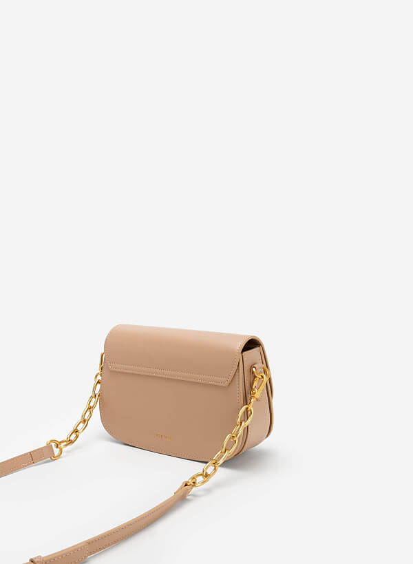 Metal Lock Décor Flap Crossbody Bag - MES 0212 - Beige - VASCARA