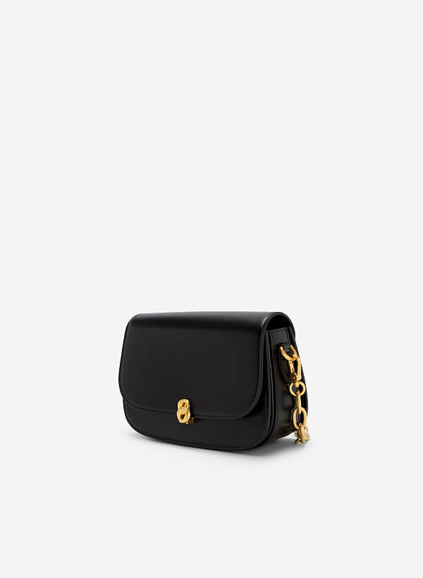 Metal Lock Décor Flap Crossbody Bag - MES 0212 - Black - VASCARA