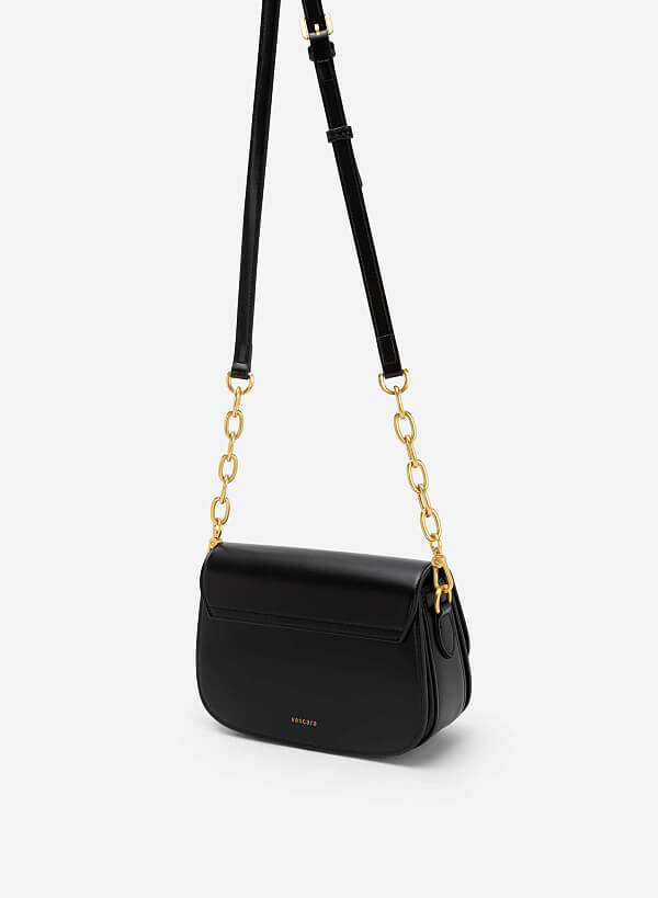 Metal Lock Décor Flap Crossbody Bag - MES 0212 - Black - VASCARA