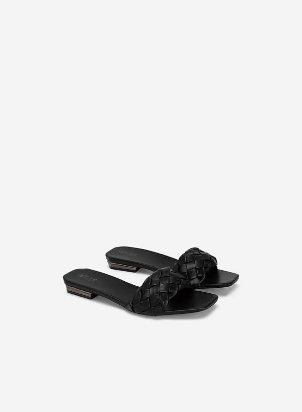 Glitter-effect Block Heel Cross Strap Flip Flops - FLI 0190 - Black - VASCARA