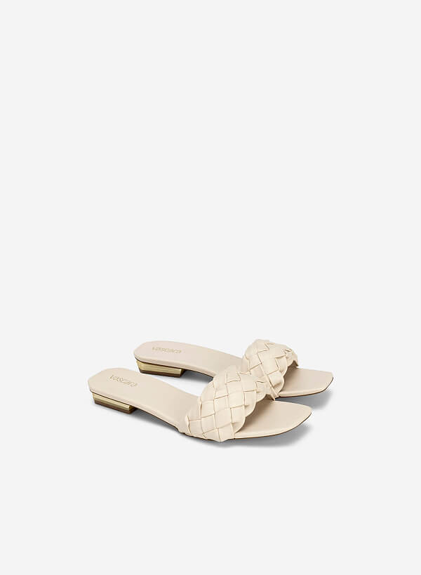 Glitter-effect Block Heel Cross Strap Flip Flops - FLI 0190 - Cream - VASCARA