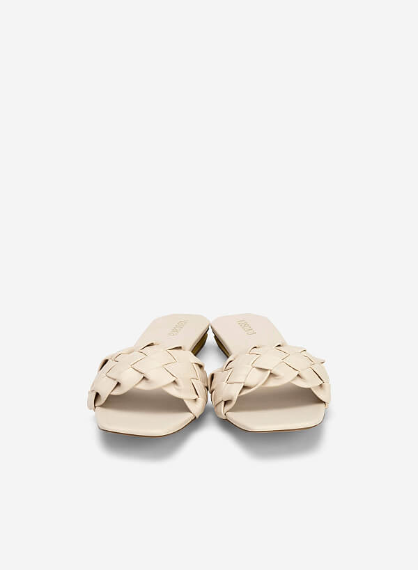 Glitter-effect Block Heel Cross Strap Flip Flops - FLI 0190 - Cream - VASCARA